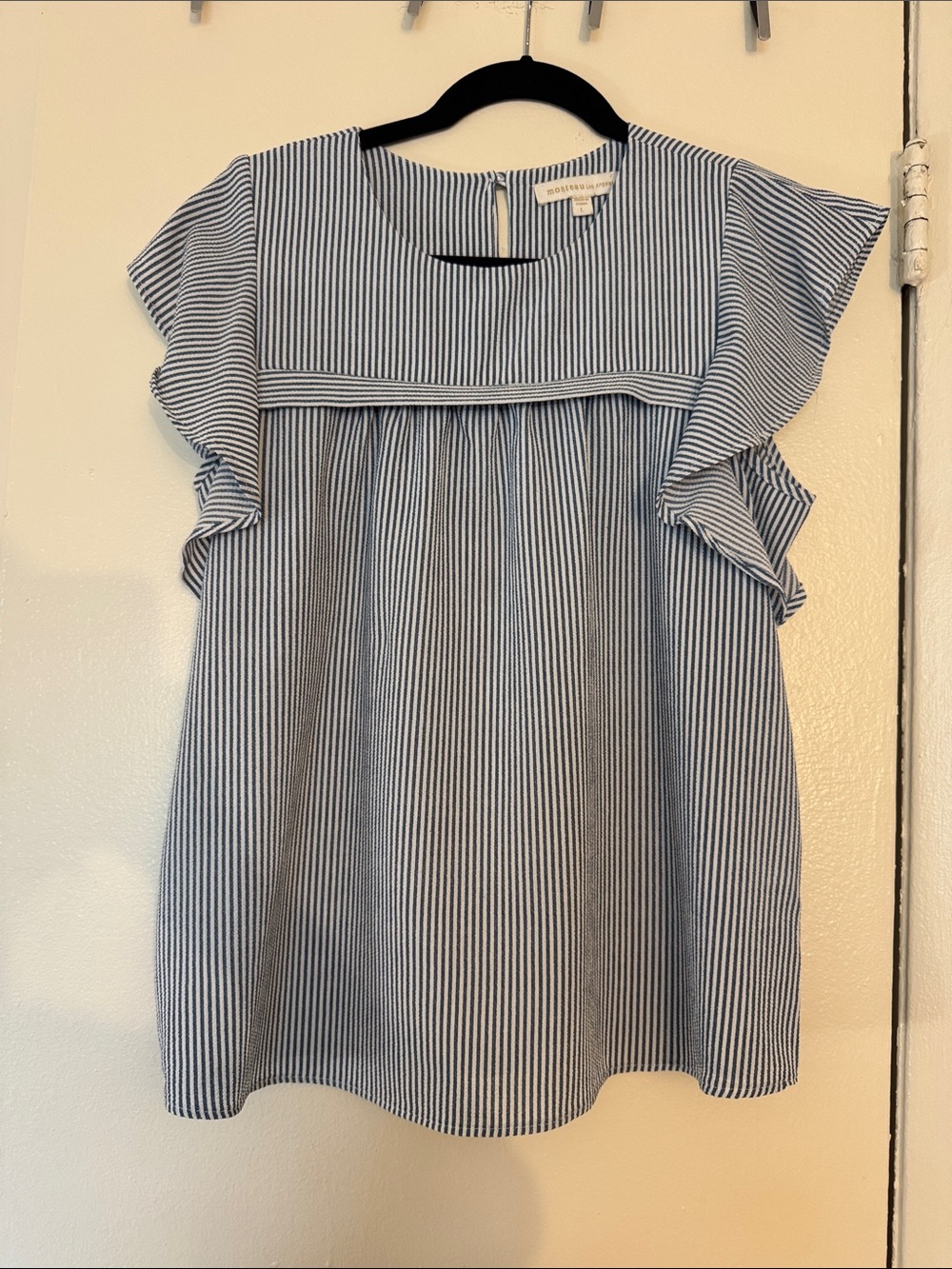 Monteau Blue and White Pinstripe Ruffle Sleeve Dress